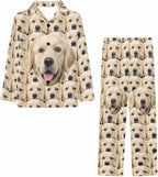 Artsadd Girls Pajamas Set Custom Face Pet Photo Long Sleeve Sleepwear Personalized Printed V-Neck Button-up Pants Nightwear