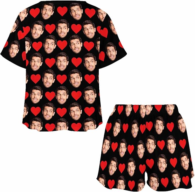 Custom Short Pajamas Set with Face Photo Women‘s Sleepwear Tee Personalized PJ Short Loungewear Set fot Her