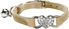 Heart Bling Cat Collar with Safety Belt and Bell Adjustable 8-10 inches for Kitten Cats (Khaki)