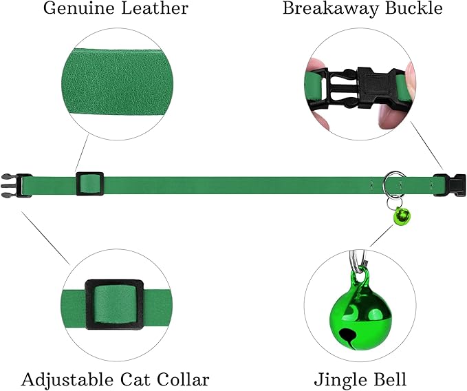 Breakaway Cat Collar Leather with Removable Bell - 13 Colors Available - Soft Adjustable Girl Boy Safety Lightweight Pet Kitten Collars Pink Brown Blue Green Red Orange Black (Green)