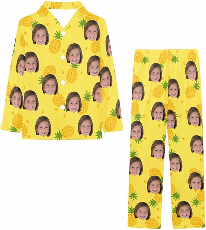Artsadd Girls Pajamas Set Custom Face Pet Photo Long Sleeve Sleepwear Personalized Printed V-Neck Button-up Pants Nightwear