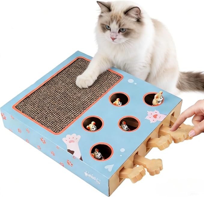 PAWISE 3-in-1 Interactive Cat Toy, Whack-A-Mole Cat Puzzle & Cat Scratching Board with Catnip, Cardboard Cat Scratcher Box for Indoor Cats, Kitten IQ Boost & Boredom Relief