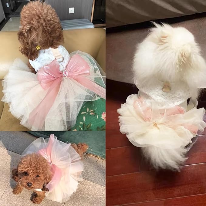 White Small Dog Wedding Dress with D-Ring, Bow Knot Puppy Clothes for Small Dog Girl,Cat Birthday Outfit, Pet Party Dress for Kitten Chihuahua Yorkie Pomeranian (White, Medium)