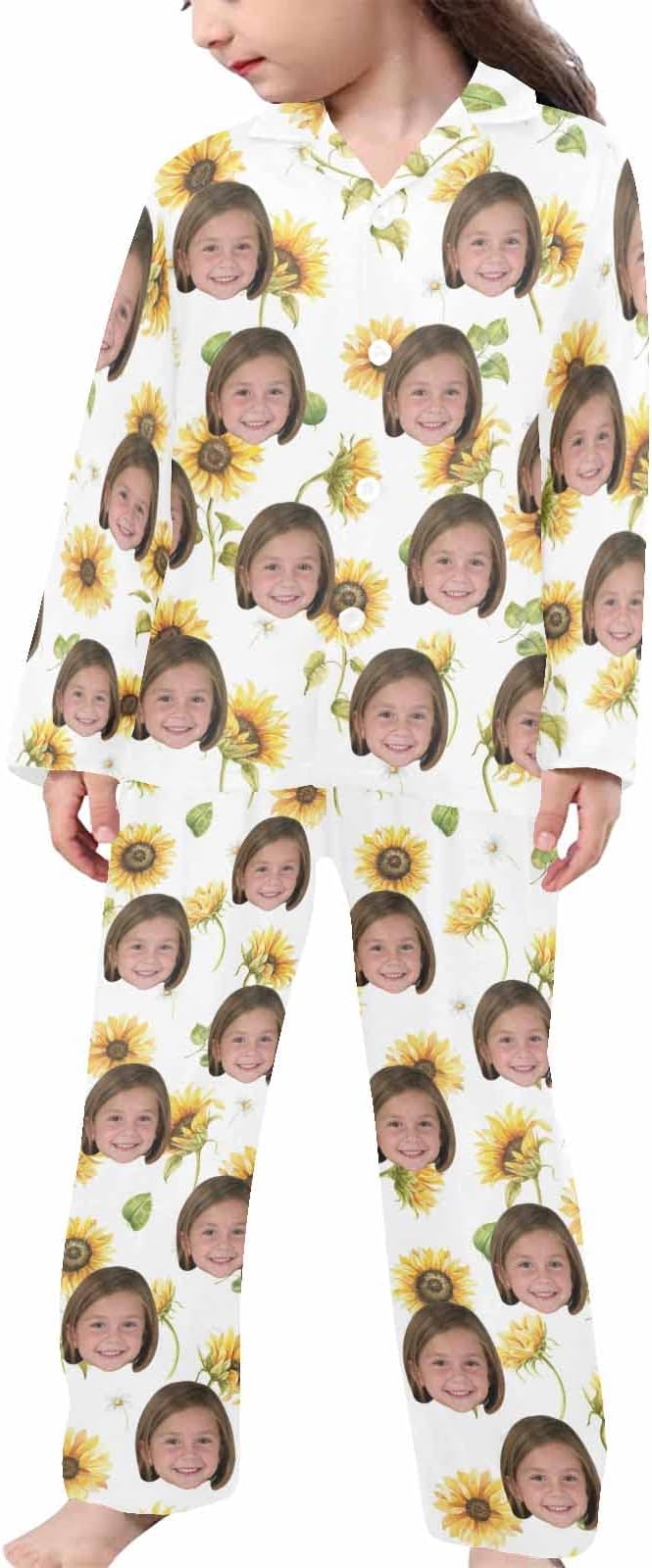 Artsadd Girls Pajamas Set Custom Face Pet Photo Long Sleeve Sleepwear Personalized Printed V-Neck Button-up Pants Nightwear