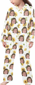 Artsadd Girls Pajamas Set Custom Face Pet Photo Long Sleeve Sleepwear Personalized Printed V-Neck Button-up Pants Nightwear