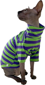 Vintage Stripes Sphynx Hairless Cats Shirt Cotton Cat Turtleneck Pet Clothes Kitten T-Shirts with Sleeves for Sphynx Cats (Eggplant, Small)