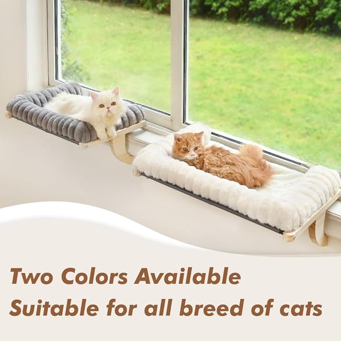 Cloud-Soft Cat Window Sill Perch with Zipper Designed Cushioned Bed, Supportive Cat Window Seat with Premium Solid Wood & Sturdy Metal Frame, Pet Hammock Bed for Large Cats (Large, White)