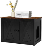 Dwanton Litter Box Enclosure, Cat Litter Box Furniture Hidden, Reversible Entrance Can Be on Left or Right Side, Wooden Cat Washroom Indoor, Black and Rustic Brown, 27.6 Inches