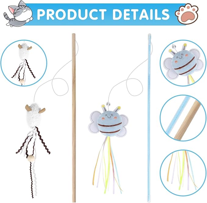 NOWFRESH Cat Wand Toy Set, 2 PCS Interactive Cat Teaser Wands with Cute Paper Mice & Paper Fish Designs, Equipped with Bells and Streamers to Captivate Your Cat’s Attention