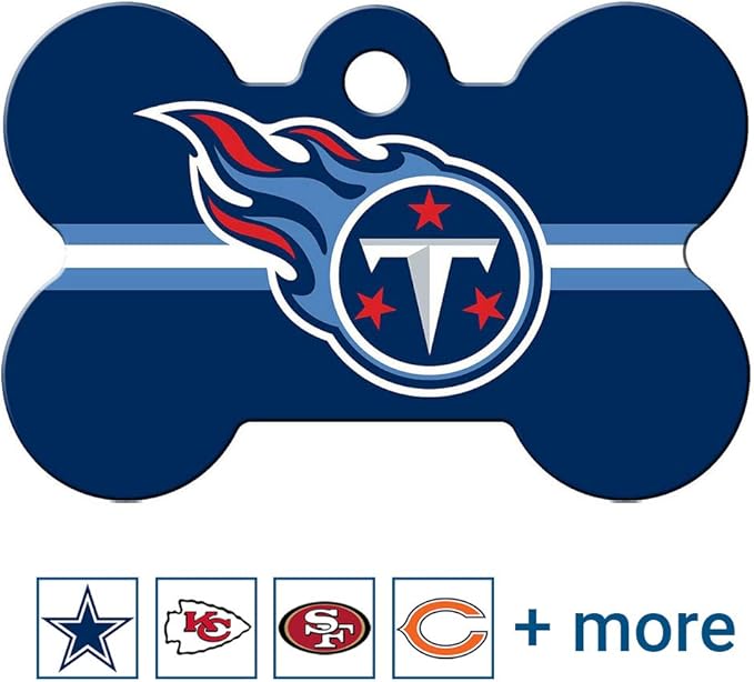 GoTags Personalized Tennessee Titans Dog Tag, Brass Metal Bone Shape Pet ID Tag Engraved with Name and Custom Text, Every NFL Football Team Pet Apparel (Large)