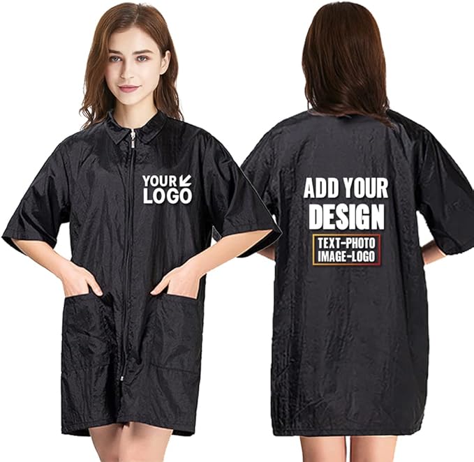 TopTie Custom Printed Nylon Salon Hairstylist Smock Barber Haircut Zipper Jacket, Dog Pet Grooming Work Shirt Uniform