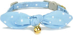 Bowtie Cat Collar with Bell, 2 Pack Cotton Breakaway Kitten Collars with Removeable Bow Stylish Cat Collars, Gradient Plaid & Polka Dot Blue