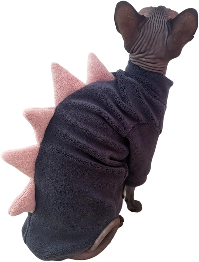 Dinosaur Sphynx Cat Clothes, Soft Polar Fleece Sweater for Cat, Elastic Pet Clothes Thick Winter Warm Outfit for Hairless Cat, Devon, Cornish, Small Dogs Apparel with Sleeves (Grey, Large)