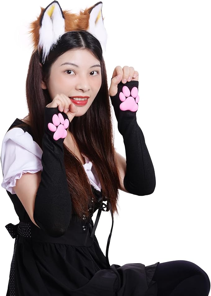 Nydotd Cat Paw Pad Mittens Gloves Kawaii Pink 3D Claw Fingerless Cute Cat Cosplay Gloves Sleeve for Girls Party