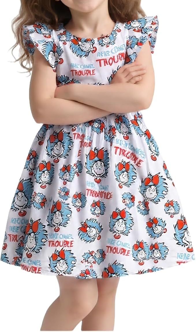 Baby Girls Spring Summer Cat in The Hat Dress Girls Flutter Sleeve Boutique Dress