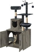 Cat Tree with Litter Box, Wood Litter Box Enclosure with Food Station, Modern Cat Tower for Indoor Large Cats with Large Platform,Cat Condo with Scratching Posts, Hammock, Caves, Basket,Grey