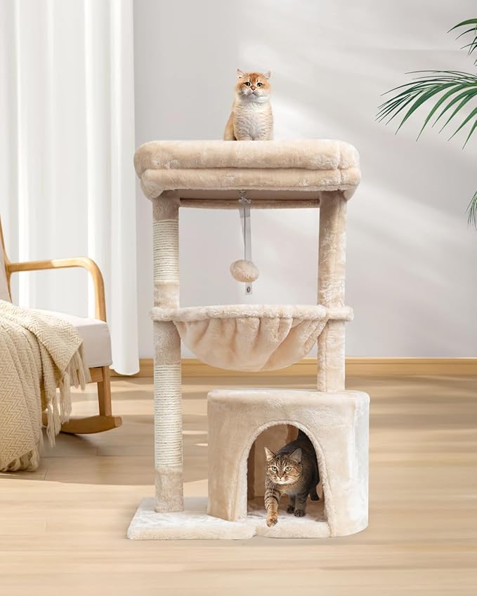 SYANDLVY Small Cat Tree for Indoor Cats, Kittens Condo with Scratching Post and Board, Modern Activity Tower with Cradle, Beige