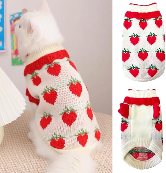 ANIAC Strawberry Turtleneck Cat Sweater Warm Knitted Small Dog Clothes for Girls Boys Autumn Winter Puppy Outfit Cold Weather Pet Knitwear for Chihuahua Yorkie Poodle (Red Strawberry, Large)