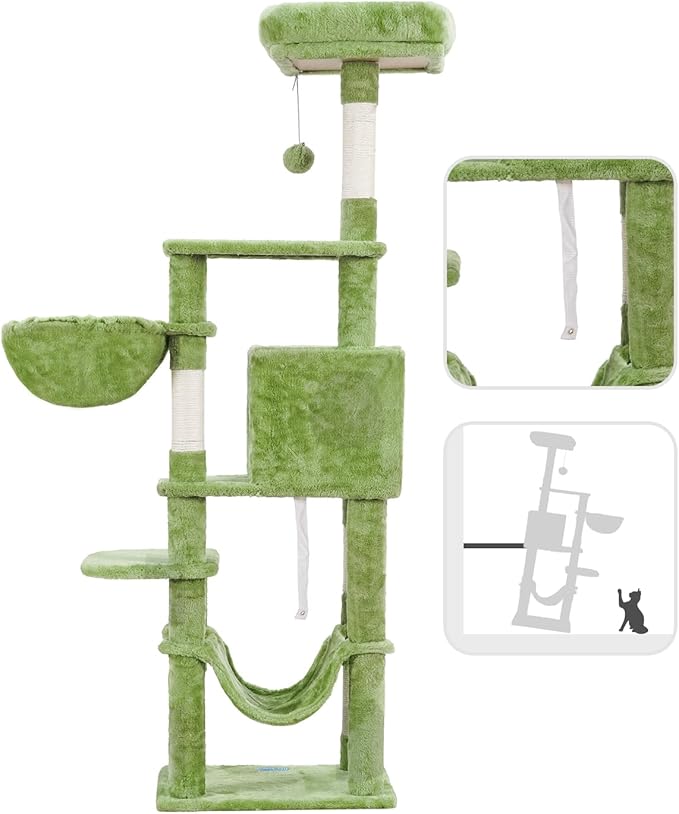 Hey-brother Cat Tree with Large Hammock, Multi-Level Cat Tower for Indoor Cats, Cat Condo with Sisal-Covered Scratching Posts and Top Perch, Green MPJ050GR