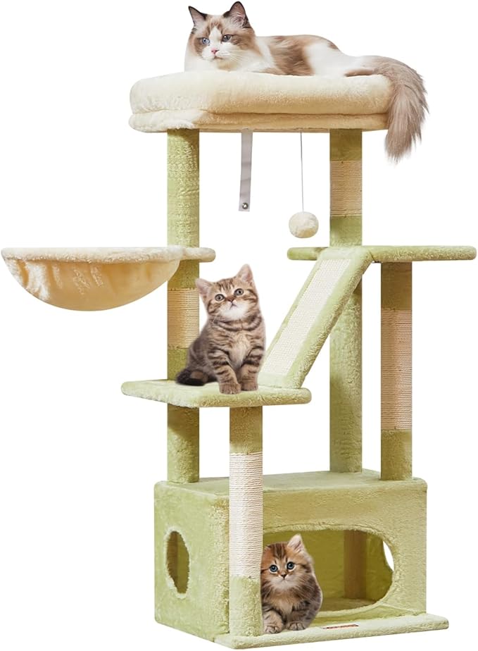 Taoqimiao Cat Tree,38.5-Inch Cat Tower for Indoor Cats,Suitable for Kittens with Luxurious cat condo with Adjustable Baskets and Luxurious Perch MS029SGB Green and Beige
