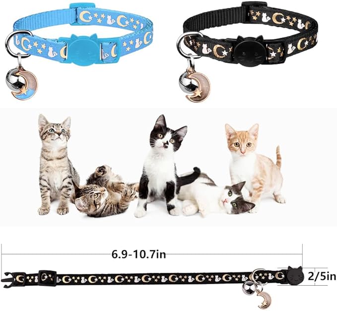 Baeuppit 2PCS Breakaway Cat Collars with Bell Cute Kitty Glow in The Dark Adjustable Kitten Collars with Pendant(Black&Sky Blue)