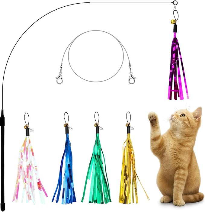 Andiker 7Pcs Cat Wand Toy, Cat Toy Set with 1 Long Steel Wand, 1 Double Headed Hook & 5 Crinkle Teaser Refills Stimulate Hunting Instincts Interactive Cat Toys for Indoor Cats and Kittens (Thick)