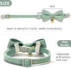 Soft Corduroy Cat Collar, Plaid Pattern, with Bell and Bowtie, Quick Release,Safety Breakaway Clasp, Adjustable for Kitten and Cats.(White+Green)