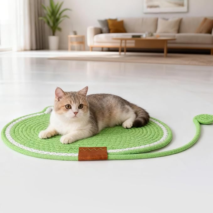 2 PC Cat Scratcher Mat - Natural Cotton Rope Oval Horizontal Scratch Pad (11''x13.7'') with Dangling Ball Toy, Cat Ear Design, Furniture Protector for Floor/Wall, Durable Handmade (Green, 2 PC)
