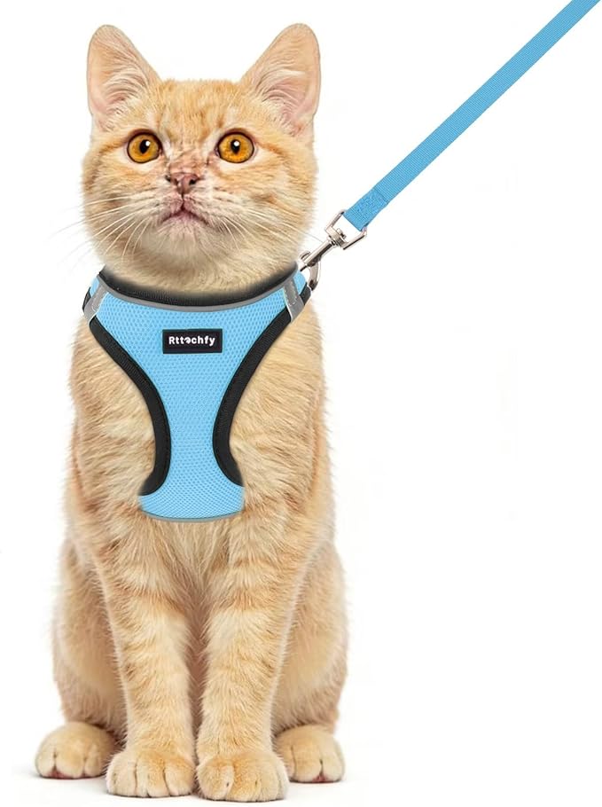 Rttochfy Cat Harness and Leash Set, Escape Proof Kitten Harness, Soft and Breathable Vest with Reflective Strip, Easy to Wear for Cats Walking and Traveling (BK Light Blue, XS)
