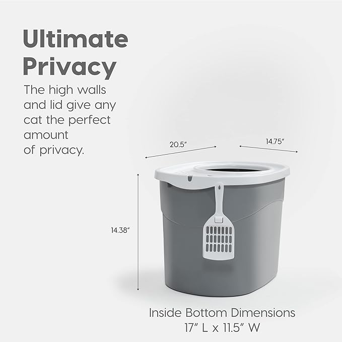 IRIS USA Top Entry Cat Litter Box, Large Enclosed with Litter Catching Lid and Scoop, Dog Proof, Cat Litter Box, Gray/White