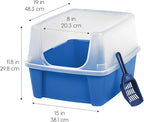 IRIS USA Large Cat Litter Box with Scatter Shield and Scoop, Open Top High Sided Cat Litter Pan, Blue