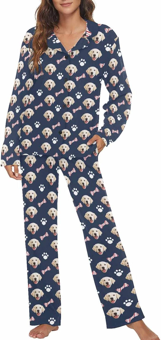 MyPupSocks Custom Face Pajamas for Women Set, Personalized Photo Long Sleepwear XS-XXL