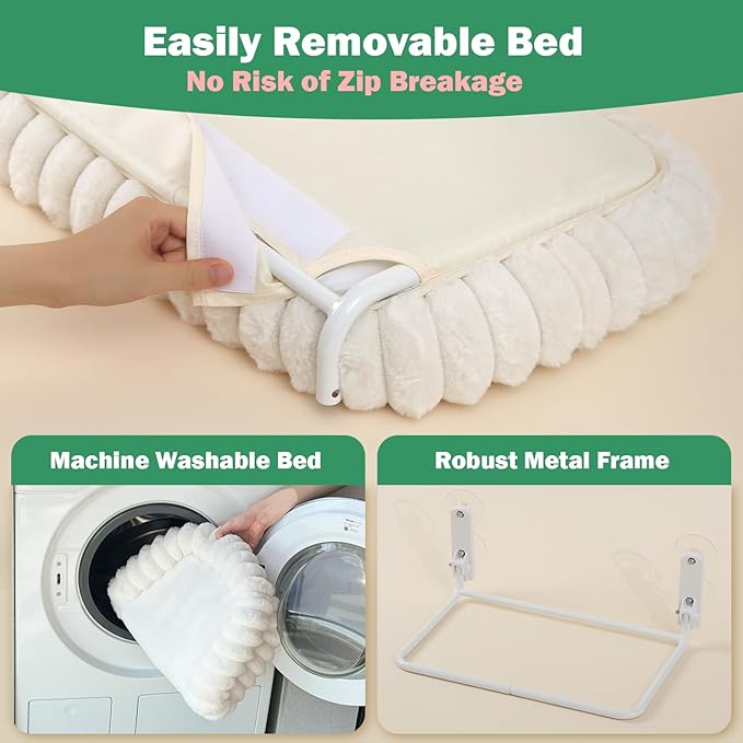 Zakkart SnugCloud Foldable Cat Window Perch - Cordless, Ultra Soft Machine Washable Bed with 4-Sided Bolster, Metal Frame - Window Hammock for Large Cats and Kittens (Cream White, Large)