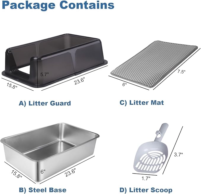 Cat Litter Box – Open Top Stainless Steel Large Litter Pan for Big Cats – High Sided Non-Stick Anti-Leakage – Easy to Clean with Scoop & Litter Mat (Black)
