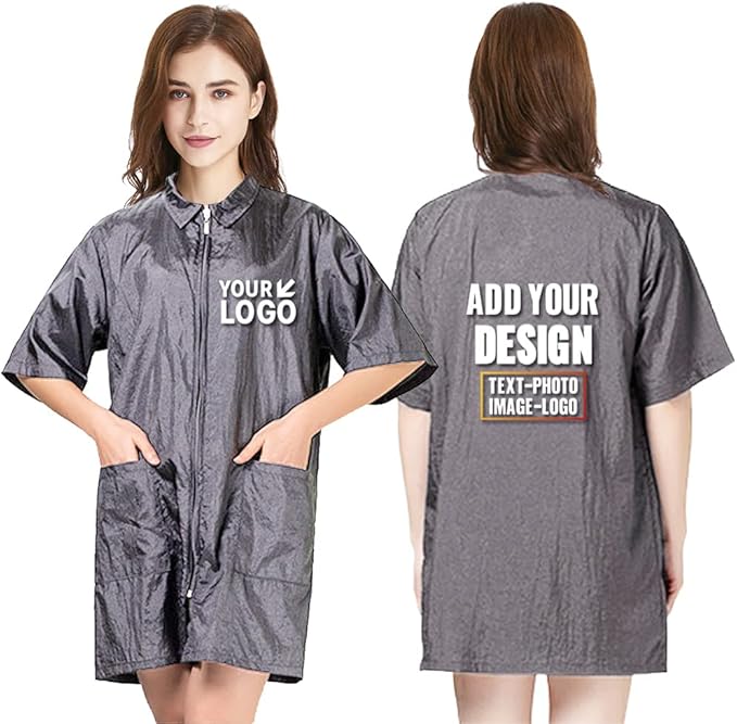 TopTie Custom Printed Nylon Salon Hairstylist Smock Barber Haircut Zipper Jacket, Dog Pet Grooming Work Shirt Uniform