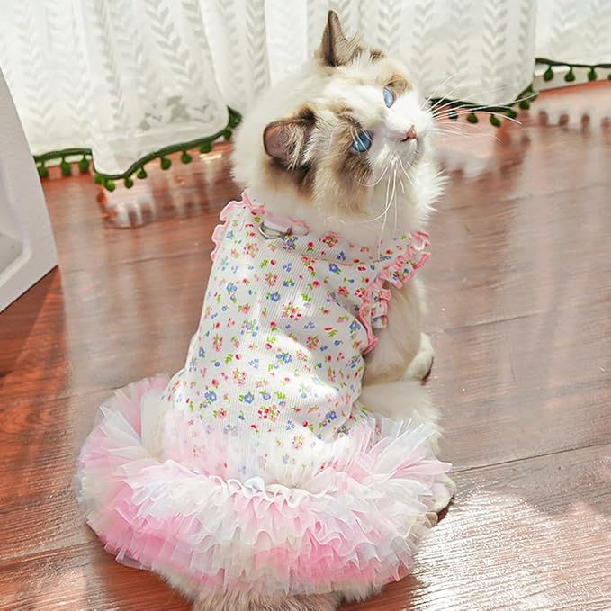 Floral Puppy Dress with D-Ring Ruffled Small Dog Clothes Female Spring Cat Outfit Sleeveless Pet Princess Skirt Cute Dogs Tutu Dresses (Pink, X-Large)