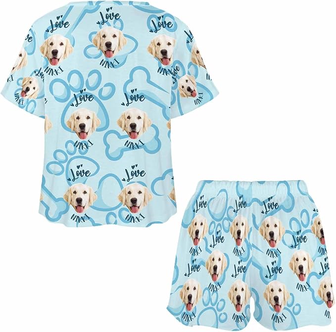 Custom Short Pajamas Set with Face Photo Women‘s Sleepwear Tee Personalized PJ Short Loungewear Set fot Her