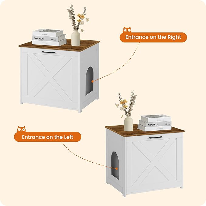 Dwanton Cat Litter Box Furniture Hidden, Cat Litter Box Enclosure, Reversible Entrance Can Be on Left or Right Side, Indoor Cabinet, Wooden Washroom, End Table, White and Warm Brown, 23.6" L