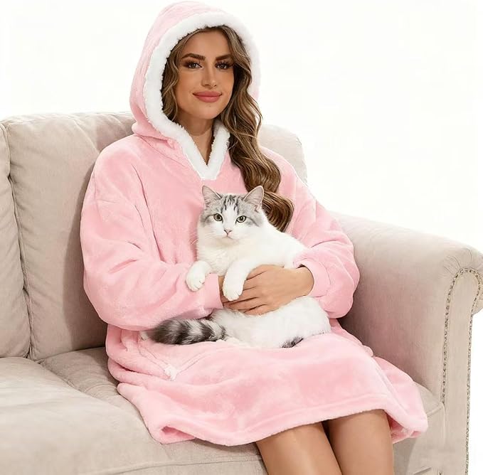 Wearable Blanket Hoodie with Giant Pocket, Soft Warm Sherpa Fleece Oversized Blanket Sweatshirt Gifts for Women Men
