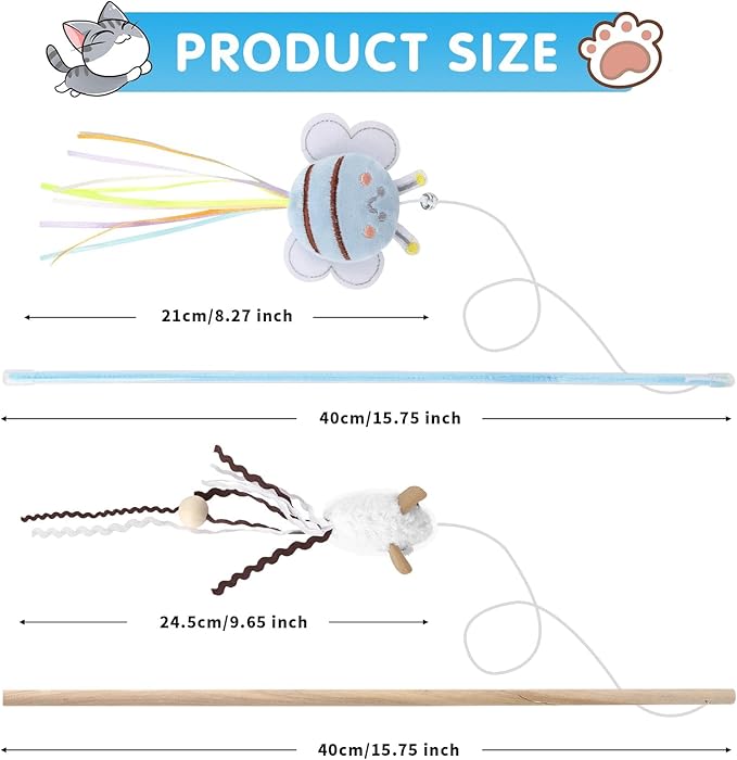NOWFRESH Cat Wand Toy Set, 2 PCS Interactive Cat Teaser Wands with Cute Paper Mice & Paper Fish Designs, Equipped with Bells and Streamers to Captivate Your Cat’s Attention