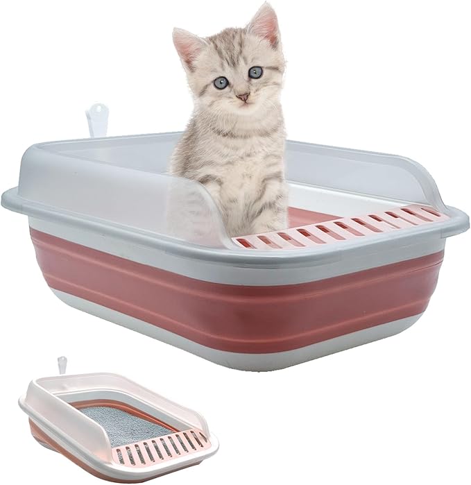 Low Entry Kitten Litter Box,Collapsible Cat Litter Box, Open Small Cat LitterBox with High Side Shallow Kitten Litter Pan Anti-Splashing Waterproof with Falling Sand Pedal