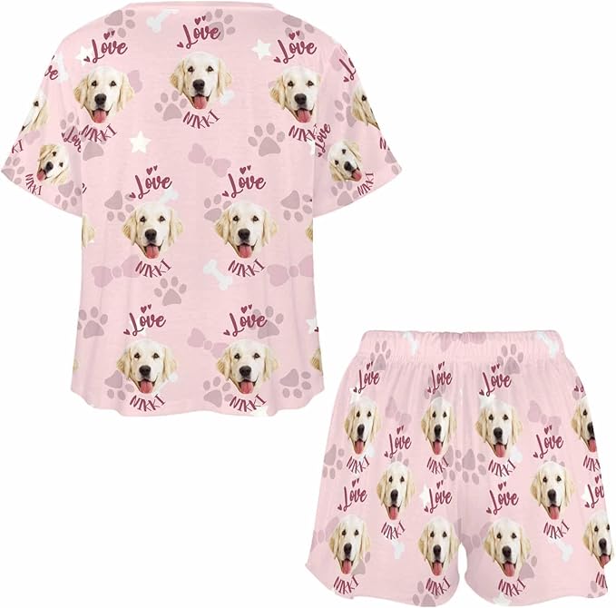 Custom Short Pajamas Set with Face Photo Women‘s Sleepwear Tee Personalized PJ Short Loungewear Set fot Her