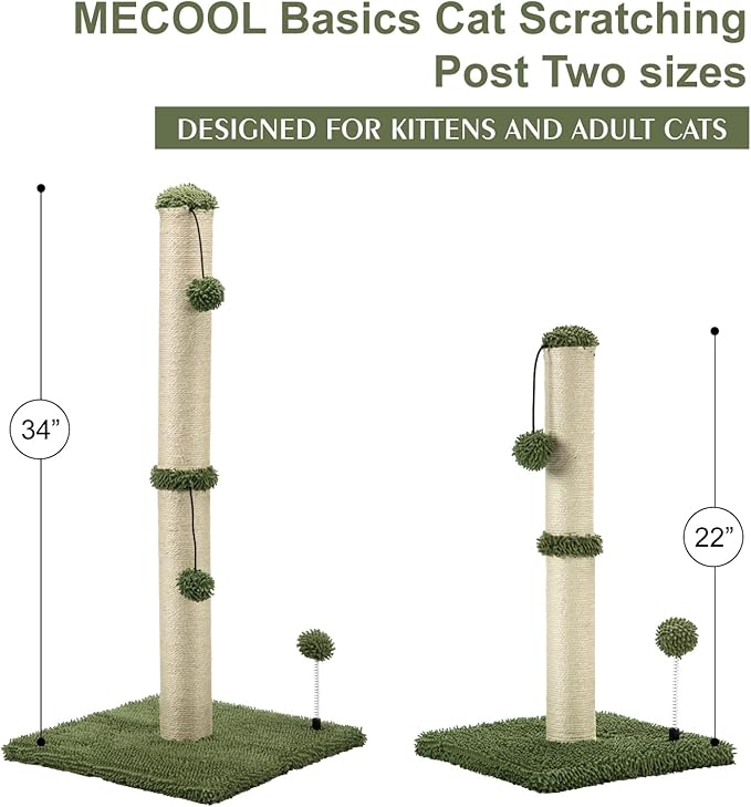 MECOOL 34“ Tall Cat Scratching Post Premium Basics Kitten Scratcher Sisal Scratch Posts Trees with Hanging Ball for Indoor Cats (34 inches for Adult Cats, Cactus Green)