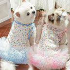 Floral Puppy Dress with D-Ring Ruffled Small Dog Clothes Female Spring Cat Outfit Sleeveless Pet Princess Skirt Cute Dogs Tutu Dresses (Blue, X-Small)