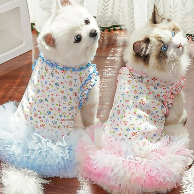 Floral Puppy Dress with D-Ring Ruffled Small Dog Clothes Female Spring Cat Outfit Sleeveless Pet Princess Skirt Cute Dogs Tutu Dresses (Blue, X-Small)