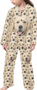 Artsadd Girls Pajamas Set Custom Face Pet Photo Long Sleeve Sleepwear Personalized Printed V-Neck Button-up Pants Nightwear