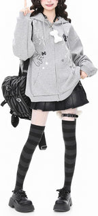 Womens Y2K Zip Up Cute Graphic Hoodies Cat Ears Casual Cartoon Harajuku Kawaii Clothes Oversize Streetwear Jacket