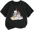 KEEVICI Cute Cartoon Cat Shirts for Girls Kids Graphic Tees Kawaii Animal Pattern T Shirt Cotton Crewneck Summer Loose Tops