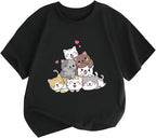 KEEVICI Cute Cartoon Cat Shirts for Girls Kids Graphic Tees Kawaii Animal Pattern T Shirt Cotton Crewneck Summer Loose Tops