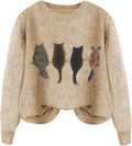 WDIRARA Women's Cat Graphic Sweater Long Sleeve Crew Neck Knit Tops Casual Knitwear